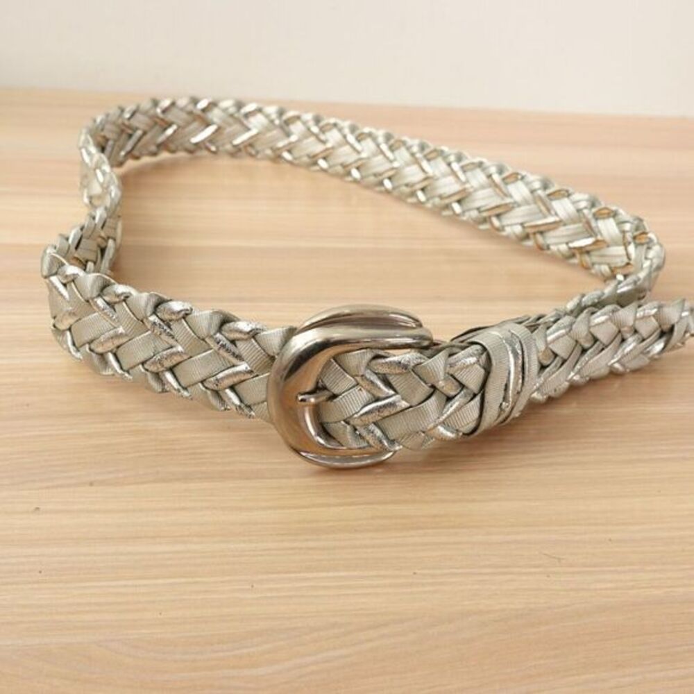 Vintage Silver Metallic Belt Women Medium Braided Faux Leather Dress Retro 90s